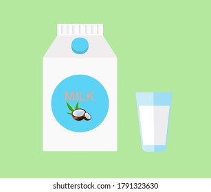 Vector illustration of a milk box and a glass filled with milk on a plain background in flat style, milk icon