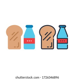 Vector illustration of milk and bread for breakfast icon or logo with flat and lineal color design style