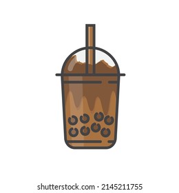 Vector illustration of milk bubble in plastic cup, chocolate milk boba drink.