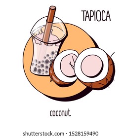 Vector illustration. milk bubble tea with tapioca on a light background. coconut