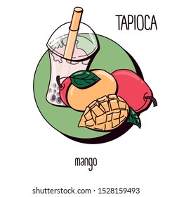 Vector illustration. milk bubble tea with tapioca on a light background. mango