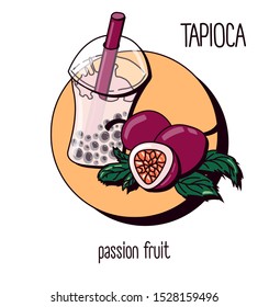 Vector illustration. milk bubble tea with tapioca on a light background. passion fruit