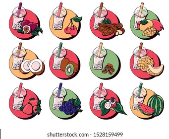 Vector illustration. milk bubble tea with tapioca on a light background. passion fruit, coconut, strawberry, cherry, kiwi, acai, almonds, melon, lychee, coffee, watermelon, mango
