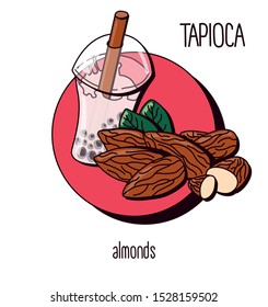 Vector illustration. milk bubble tea with tapioca on a light background. almonds