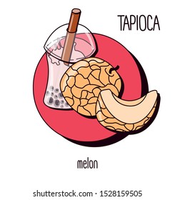 Vector illustration. milk bubble tea with tapioca on a light background. melon