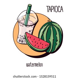 Vector illustration. milk bubble tea with tapioca on a light background. watermelon