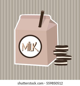 Vector illustration of milk carton package with biscuits and straw. Beverage product and healthy drink. Fresh breakfast. Milk box on pattern stripes background.