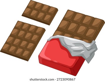 Ilustración vectorial de barras de chocolate con leche con embalaje rojo y papel de aluminio plateado sobre fondo blanco
