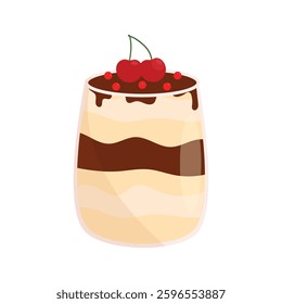 Vector illustration of a milk and chocolate dessert with cherries and red berries. Pudding in the glass. Perfect for menu designs, bakery branding and stickers.