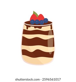 Vector illustration of a milk and chocolate dessert with strawberries and blueberries. Pudding in the glass. Perfect for menu designs, bakery branding and stickers.