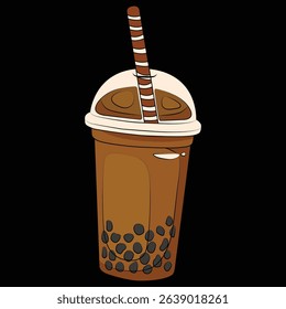 Vector illustration of milk chocolate milk tea in a clear cup with ice, tapioca pearls, and a straw. Soft brown tones, modern and minimal design, perfect for cafe, dessert, and drink concepts