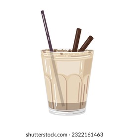 Vector illustration of a milk coffee shake with cinnamon sticks on a white background in a flat style. Suitable for menu design, food stickers, scrapbooking.