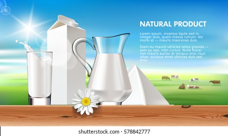 Vector illustration milk and dairy on a background of green lawn and herd cows.