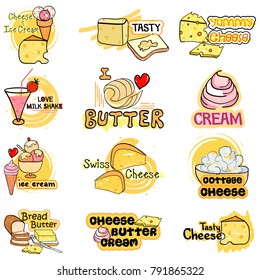 vector illustration of Milk and Diary product like Cheese, Ice cream and Butter label tag sticker for Advertisement