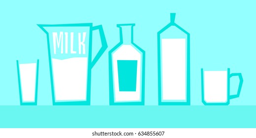 Vector illustration of milk in different glass containers. A poster depicting a pitcher, glass, Cup, bottle in flat cartoon style