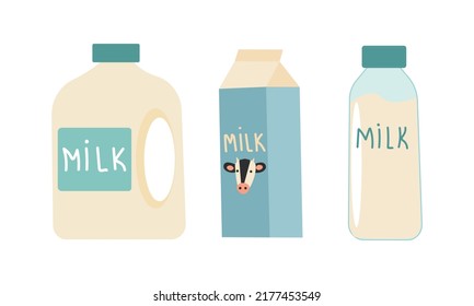 Vector illustration of milk in different packages such as plastic container, glass jar and paper packaging.