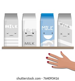 Vector illustration of milk emotions, a different carton of milk. Buyer choice in a shop. Milk shelf in a shop
