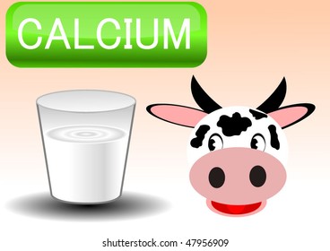 Vector illustration of milk glass and cow with calcium icon