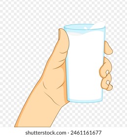 Vector illustration of milk glass in hand on transparent background