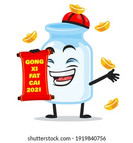 vector illustration of milk mascot holding red scroll and says happy chinese new year 2021