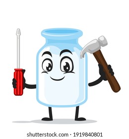 vector illustration of milk mascot holding hammer and screwdriver