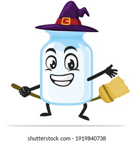 vector illustration of milk mascot wearing witch costume and ride flying broom