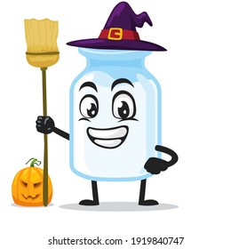 vector illustration of milk mascot wearing witch costume and holding broom