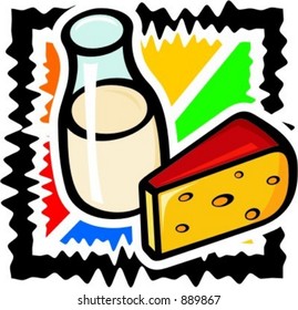 A vector illustration of a milk and a slice of cheese.