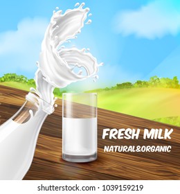 Vector Illustration Of Milk Splash, Swirl In The Bottle And Glass. Advertising Poster Of Farm Product On Wooden Table On The Green Field Background. Promo Banner Of Natural Drink, Template For Label