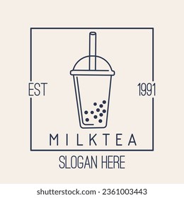 Vector illustration MILK TEA cup icon on beige background. BUBBLE TEA logo. Vector illustration