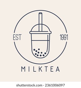 Vector illustration MILK TEA cup icon on beige background. BUBBLE TEA logo. Vector illustration