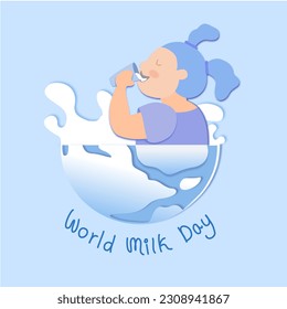 Vector illustration with milk, as world milk day concept. World Milk Day. girl drink milk concept. Template for background, banner, card, poster. Vector illustration.