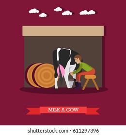 Vector illustration of milker milking cow. Dairy farm, farming concept design element in flat style.