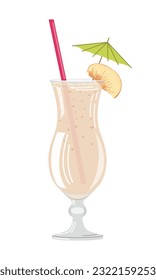 Vector illustration of a milkshake with a peach slice and an umbrella on a white background in a flat style. Suitable for menu design, food stickers, scrapbooking.