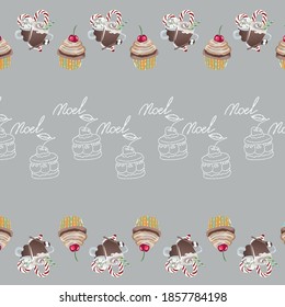 Vektorgrafik mit Milchshakes und Muffins auf grauem Hintergrund.