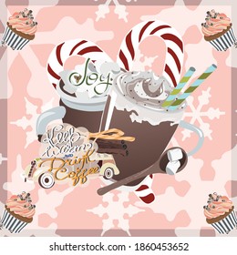 Vector illustration with milkshakes on the pink background with cinnamon