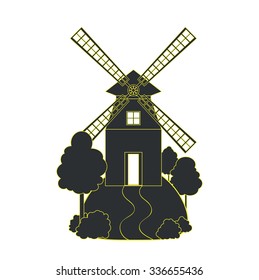 The vector illustration of the mill on the hill in the trees
