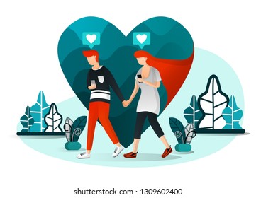 Vector illustration of millennial couple, present love, technology, social life 4.0,couple chatting on date. Man walking with his girlfriend but pay attention to smartphone. Flat cartoon character