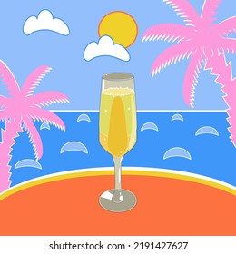 Vector illustration with Mimosa cocktail on the beach in flat technique 