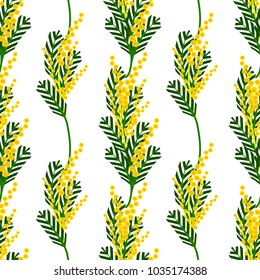Vector illustration.  Mimosa twigs. Seamless Pattern Isolated illustration on white background.
