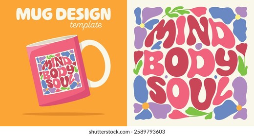 Vector illustration of "MIND BODY SOUL" in a playful font with floral elements and hearts on a green background. Ideal for promoting sensory experiences, self-care, and positive indulgence.