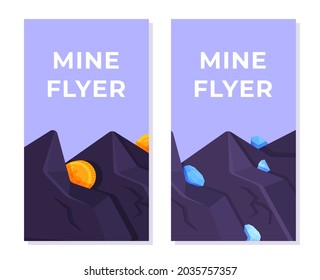 Vector illustration of a mine flyer. Mining coins and diamonds in caves and rocks. 