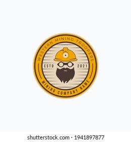 Vector illustration of miner with beard, mining hardhat and safety glasses logo design