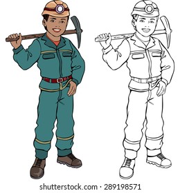Vector illustration, miner, coloring drawing, card concept, white background.