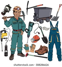 Vector illustration, miner gear, cartoon concept, white background.