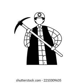 Vector illustration of a miner in a helmet with a pickaxe. Profession. Outline