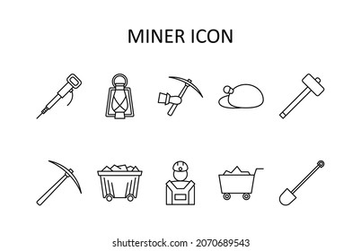 VEctor illustration with miner icons - helmet, pick, kerosene lamp, trolley, hummer, wheelbarrow.