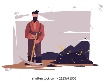 Vector illustration of a miner with a pickaxe for gold mining in the mountains, gold mining