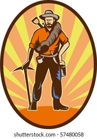 Vector Illustration Of A Miner, Prospector Or Gold Digger With Pick Axe And Shovel Standing Front