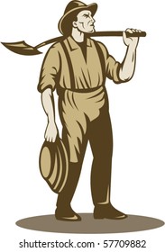 vector illustration of a Miner, prospector or gold digger with shovel standing front isolated on white